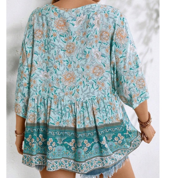 Plus Colorful Floral Print Neck Tie 3/4 Sleeve Blouse - Picture 9 of 11